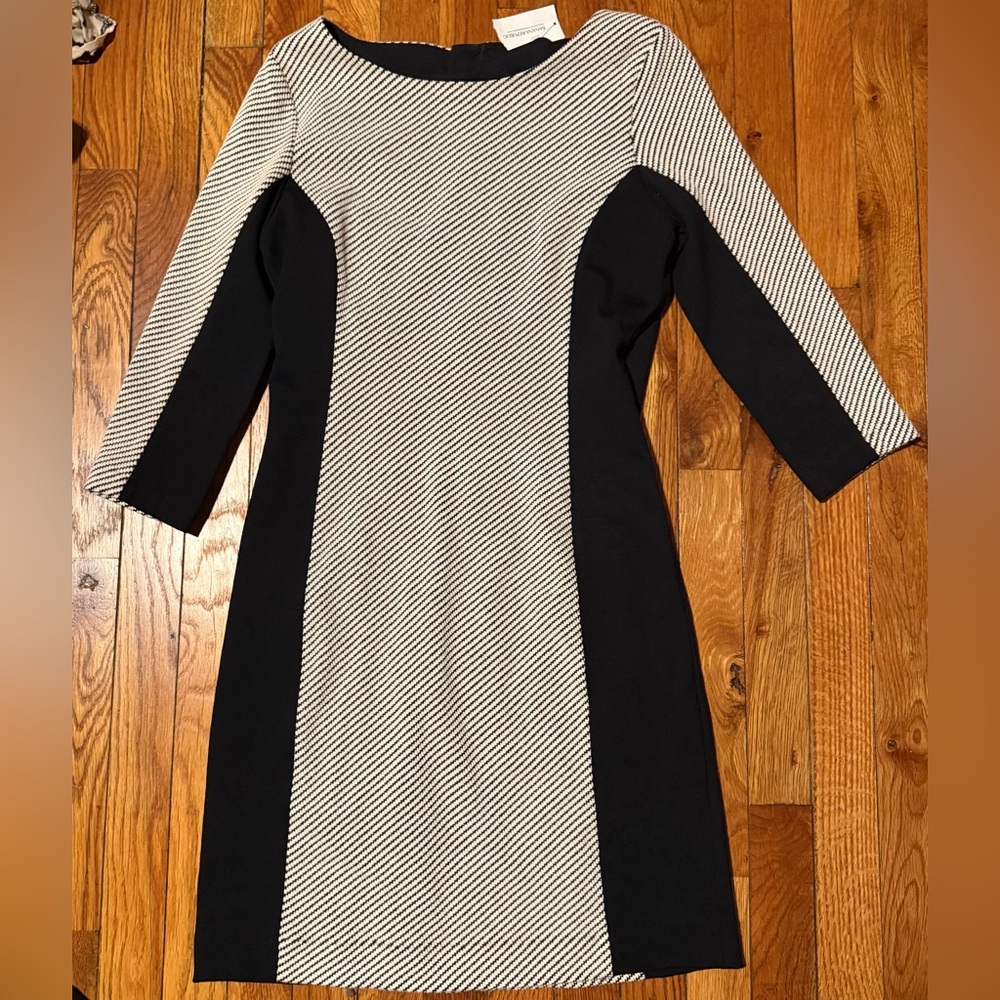 Banana Republic Sweater Knit Sheath Dress 8 Black Cream Colorblock 3/4 Sleeve